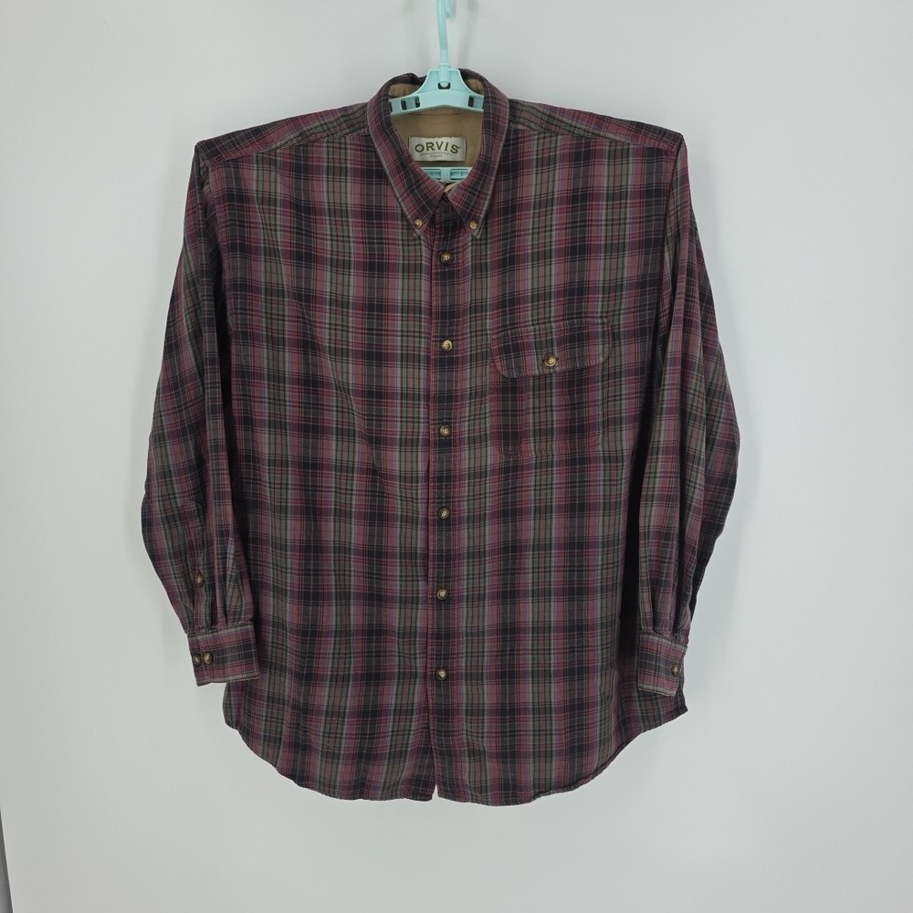 Orvis Men's Red, Black, Green Check Long‎ Sleeve Shirt 100% Cotton Size Large